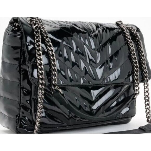 Think Royln Front Flap Shoulder Bag - Averyll Black Patent